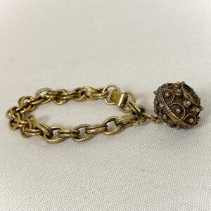 Antique Brass Edwardian Filigree Ball Pendant & Chain Link Bracelet